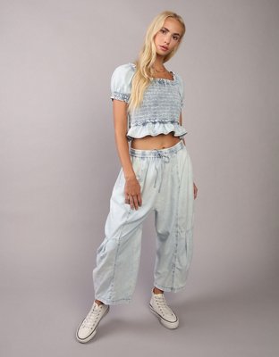 AE High Neck Puff Sleeve Smocked T-Shirt