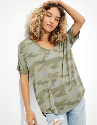 Camo Fitted V-Neck Top - Curvy and Beautiful Boutique 1XL