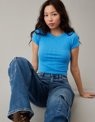 AE Cropped Pointelle-Knit Hey Baby Tee