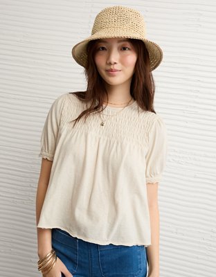 AE Sunchaser High Neck Puff Sleeve Smocked T-Shirt