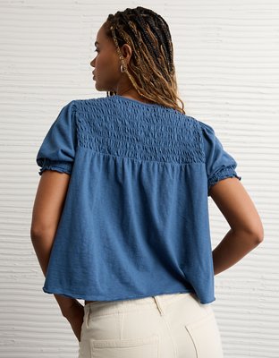AE Sunchaser High Neck Puff Sleeve Smocked T-Shirt