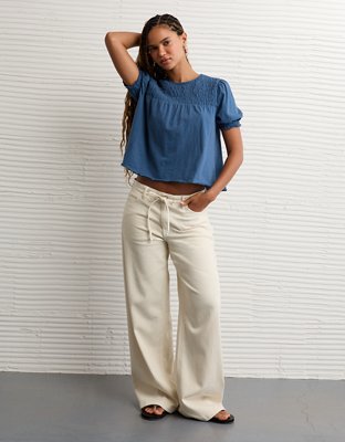 AE Sunchaser High Neck Puff Sleeve Smocked T-Shirt