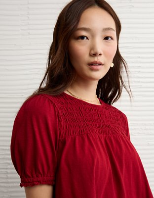 AE Sunchaser High Neck Puff Sleeve Smocked T-Shirt