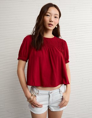 AE Sunchaser High Neck Puff Sleeve Smocked T-Shirt