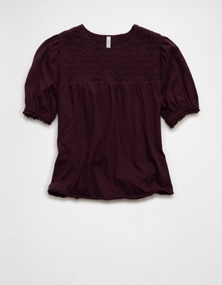 AE Sunchaser High Neck Puff Sleeve Smocked T-Shirt