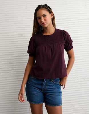 AE Sunchaser High Neck Puff Sleeve Smocked T-Shirt