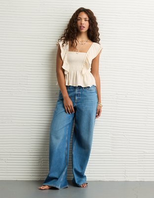 AE Sunchaser Knit Flutter Sleeve Babydoll Shirt