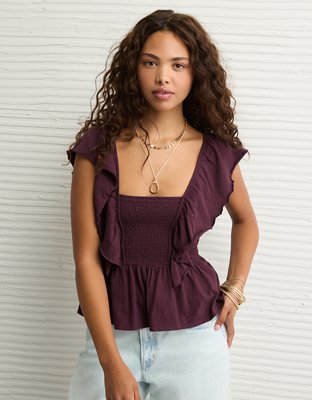AE Sunchaser Knit Flutter Sleeve Babydoll Shirt