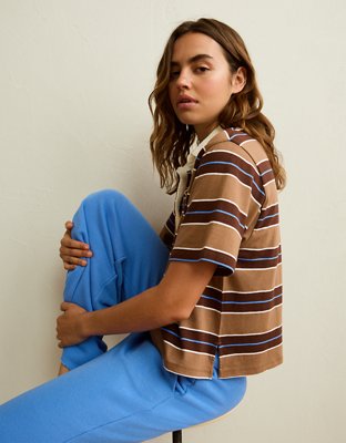 Женская футболка American Eagle AE Striped Rugby Polo, цвет: Коричневый — фото 6