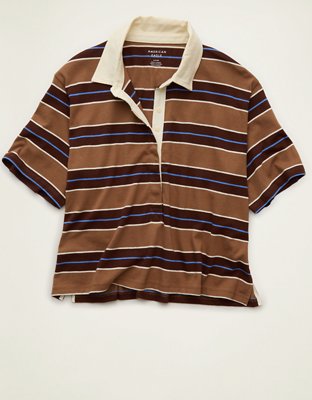 AE Striped Rugby Polo T-Shirt Women's Brown XXS