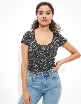 Женские футболки American Eagle AE Floral Snap-Front Baby Tee — фото 4