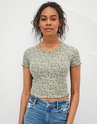 Women's Tall Cropped Waffle Tee Corydalis Blue Floral