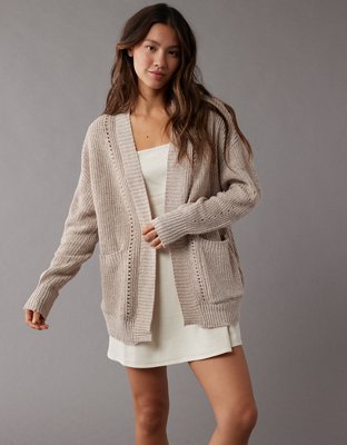  RLOKK Pointelle Knit Duster Cardigan (Color : Beige, Size :  Large) : Clothing, Shoes & Jewelry