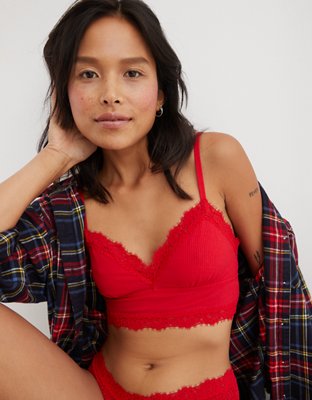 Aerie Ribbed Eyelash Lace Trim Longline Bralette