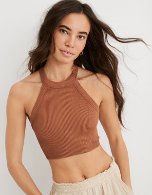 Aerie Superchill Seamless High Neck Brown Bra Top Size Small