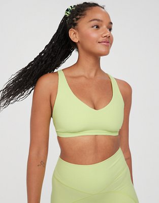 Offline by Aerie Ribbed Shine Twist Front Sports Bra Green Womens