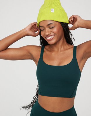 Offline by Aerie Ribbed Shine Twist Front Sports Bra Green Womens