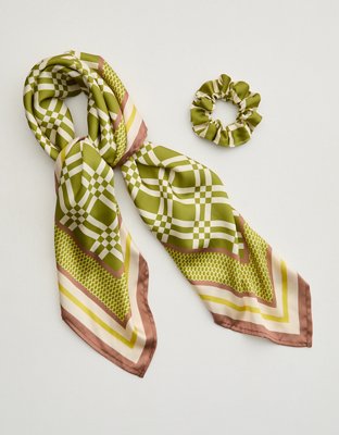?LAST ONE?Fabulous Brown & Tan Monogram Silk Scarf Scrunchie with Yellow Accents Monogram Silk Scarf Brown-Large | Luxe 100% Silk Accessory  main image 4