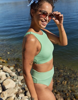 Aerie Waffle Boat Neck Crop Bikini Top
