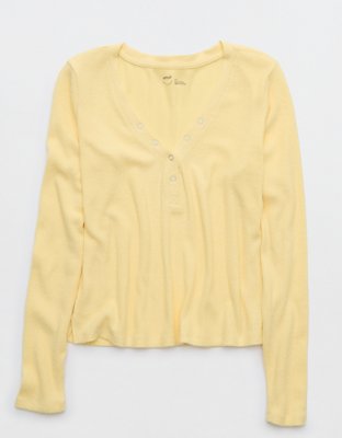 Aerie Camisa de Pijama Tejida Calientita en Punto Elástico con Cuello Henley