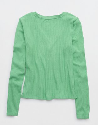 Aerie Camisa de Pijama Tejida Calientita en Punto Elástico con Cuello Henley