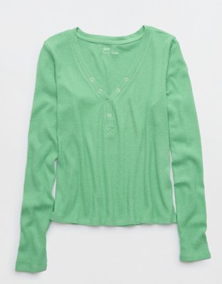 Aerie Camisa de Pijama Tejida Calientita en Punto Elástico con Cuello Henley