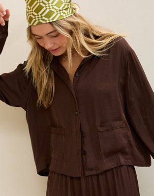 Aerie Satin Cropped Long Sleeve Pajama Top