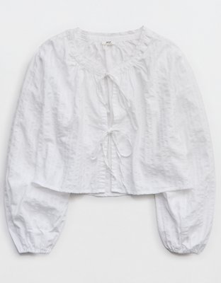 Aerie Seersucker Long Sleeve Volume Tie Top