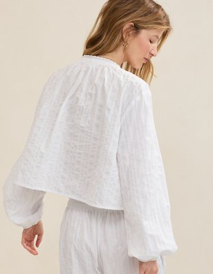 Aerie Seersucker Long Sleeve Volume Tie Top
