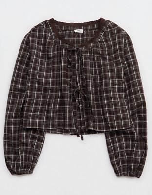 Aerie Seersucker Long Sleeve Volume Tie Top