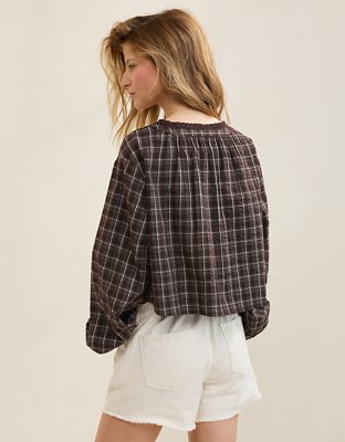 Aerie Seersucker Long Sleeve Volume Tie Top