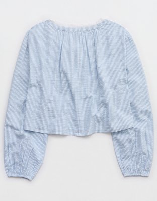 Aerie Seersucker Long Sleeve Volume Tie Top