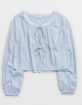 Aerie Seersucker Long Sleeve Volume Tie Top