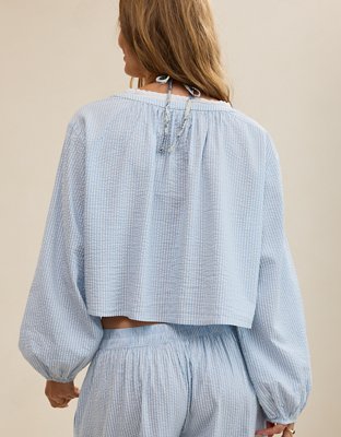 Aerie Seersucker Long Sleeve Volume Tie Top