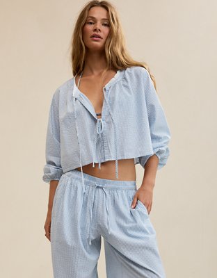 Aerie Seersucker Long Sleeve Volume Tie Top