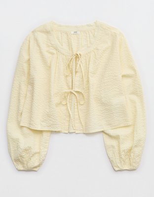 Aerie Seersucker Long Sleeve Volume Tie Top