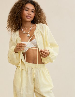 Aerie Seersucker Long Sleeve Volume Tie Top