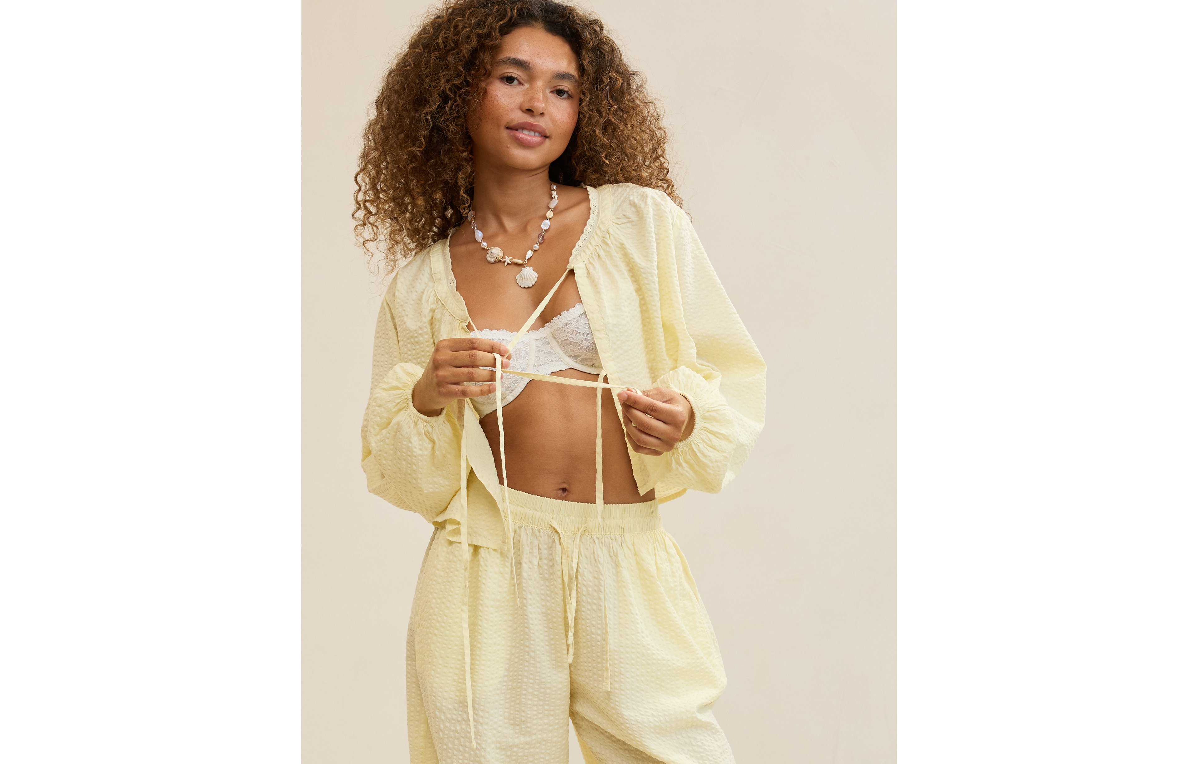 Aerie Seersucker Long Sleeve Volume Tie Top