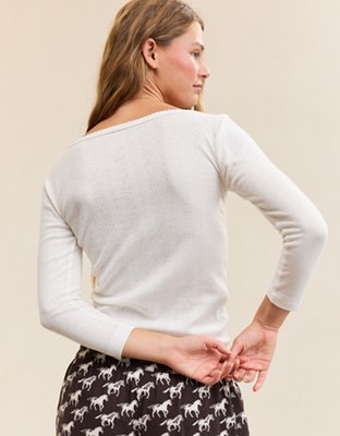 OVERSLEPT by Aerie Pointelle Elbow Sleeve Top