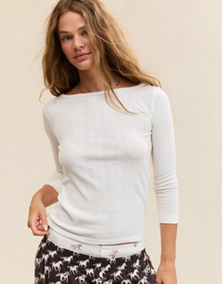 OVERSLEPT by Aerie Pointelle Elbow Sleeve Top