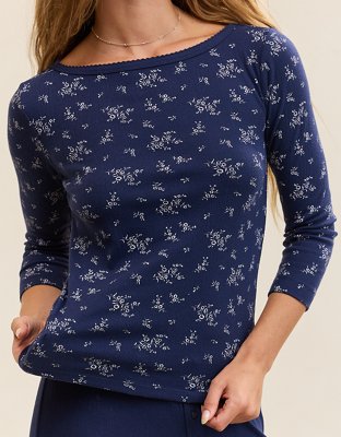 OVERSLEPT by Aerie Pointelle Elbow Sleeve Top