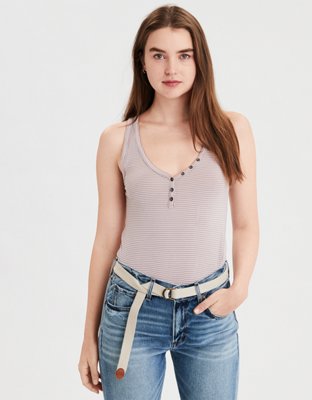 AE Soft & Sexy Henley Tank Top, Mauve American Eagle Outfitters