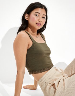 Women Green Rib Square Neck Cropped Tank Top