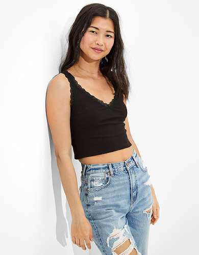 AE Cropped Lace Trim V-Neck Tank Top