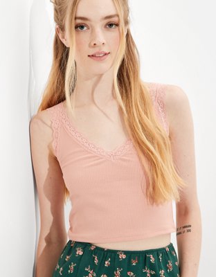 AE Cropped Lace Trim V-Neck Tank Top