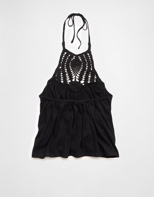 6 COTTON CROCHET HALTER TOP キャミソール ブラック AE Sunchaser Knit Crochet Halter Top | American Eagle