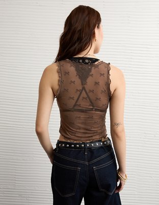 AE Square Neck Bow Mesh Tank Top