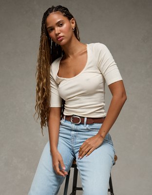 AE Half-Sleeve Scoop Neck Pointelle T-Shirt