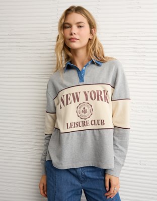 AE Long-Sleeve Oversized Destination Graphic Polo Shirt