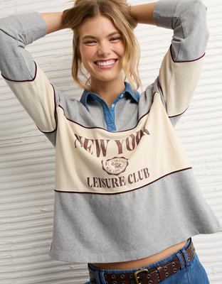 AE Long-Sleeve Oversized Destination Graphic Polo Shirt